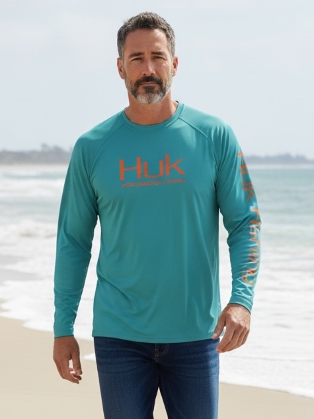 Huk Fishing Aqua Turquoise Teal light blue orange Graphic   Long sleeve Tee XXL